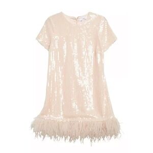 LIKELY Women's Sequin Marullo Dress Rose Pink Feather Short Sleeve Shift Mini 00
